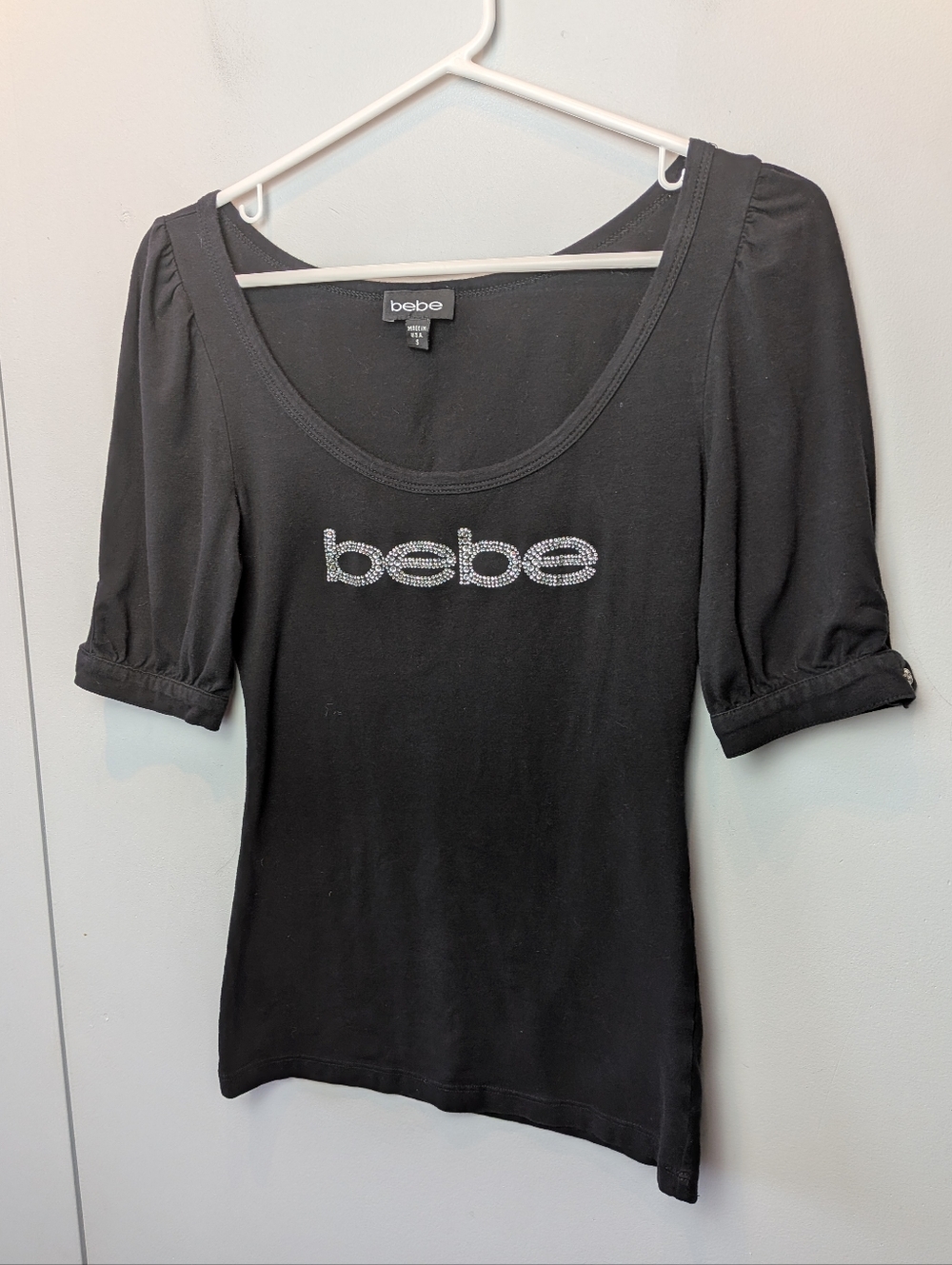 Y2K Vintage BEBE Top Shirt Women Size Small Black Puffy Sleeves Made In USA